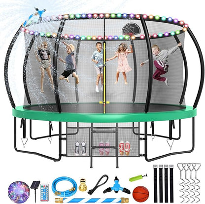 12 14 15 16FT Trampoline Outdoor with Basketball Hoop, Trampoline with Lights for Kids and Adults, Recreational Trampolin with Sprinkler, Stakes