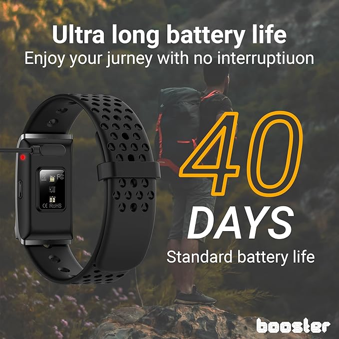Booster Smart Bracelet, Wearable Activity & Fitness Tracker Band, 24H Sleep Tracker, All-Day Continuous Heart Rate Blood Pressure Stress HRV Monitor, 120+ Sport Modes Smart Wristband, Silicone Black