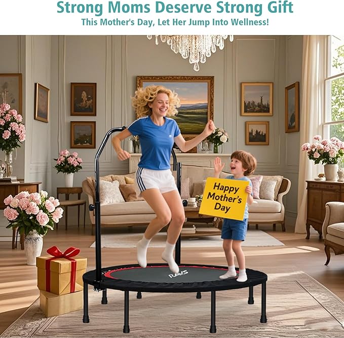 RAVS Mini Trampoline for Kids Adults 40"/48" Foldable Fitness Rebounder Kids Trampoline with 5 Levels Height Adjustable Handle Resistance Bands Indoor Workout