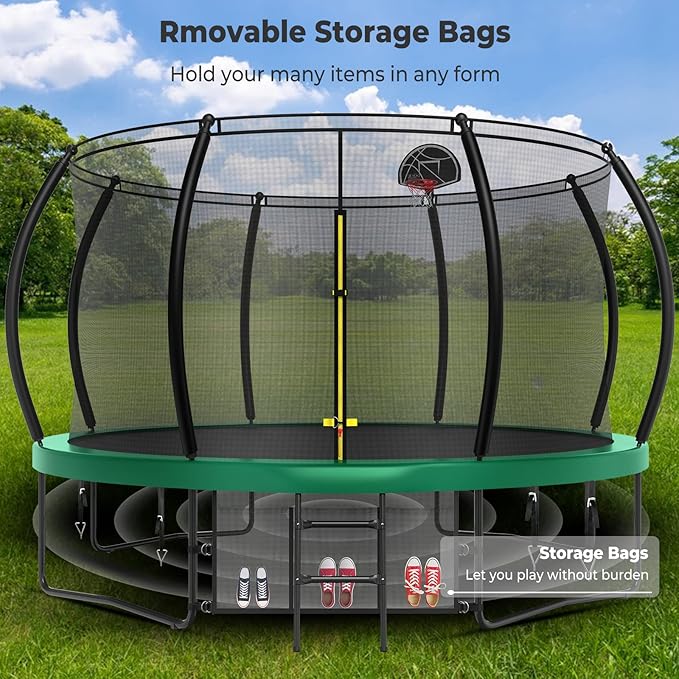 12 14 15 16FT Trampoline Outdoor with Basketball Hoop, Trampoline with Lights for Kids and Adults, Recreational Trampolin with Sprinkler, Stakes
