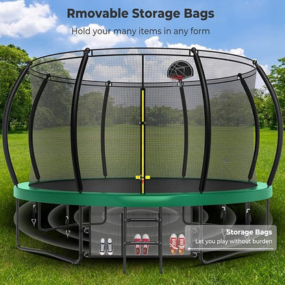 12 14 15 16FT Trampoline Outdoor with Basketball Hoop, Trampoline with Lights for Kids and Adults, Recreational Trampolin with Sprinkler, Stakes