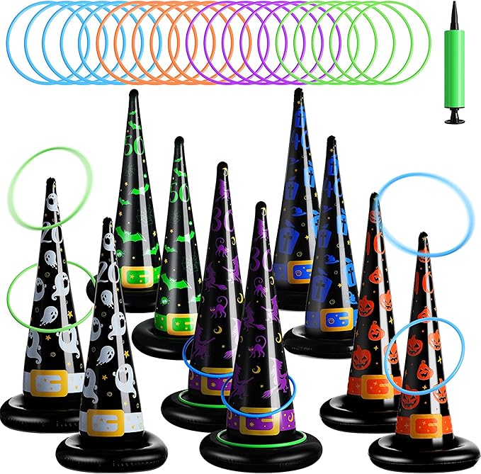 Skylety 31 Pcs Halloween Party Favor Inflatable Witch Hat Ring Toss Including 10 Inflatable Witch Hats 20 Plastic Ring Toss for Carnival Halloween Party Favor Indoors Outdoor