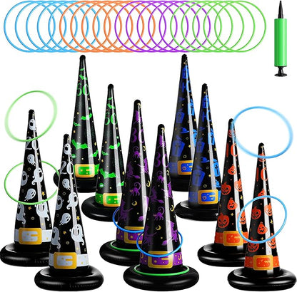 Skylety 31 Pcs Halloween Party Favor Inflatable Witch Hat Ring Toss Including 10 Inflatable Witch Hats 20 Plastic Ring Toss for Carnival Halloween Party Favor Indoors Outdoor