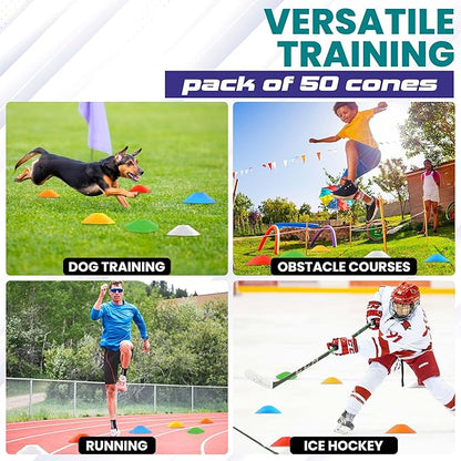 Soccer Cones 100/50/25 Pack with Carry Bag & Holder Five Colors | Agility Disc Cones Set for Training | Sports Practice Equipment for Soccer, Football, Basketball, Coaching & Speed