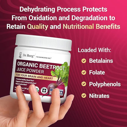 Dr. Berg Raw Organic Beet Powder from Real Earth-Grown Beets ??USDA Certified Organic Beet Root Powder to Support Nitric Oxide Levels, Energy, Blood Flow, & Heart Health* ??30 Servings
