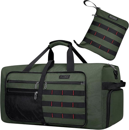 WITZMAN Foldable Duffle Bag for Travel 65L Lightweight Packable Duffel Bag with Shoes Compartment Overnight Bag for Men Women (B697 Army Green）