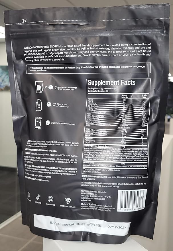 WelleCo, Nourishing Protein, Premium Organic Sprouted Brown Rice & Pea Protein, Chocolate Flavour, 300g (10.5oz) Pouch