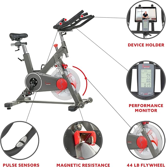 Sunny Health & Fitness Magnetic Exercise Bike, 44LB Flywheel & 300LB Weight Capacity for Intensive Home Workout, Indoor Cardio Training w/4-Way Adjustable Seat, Optional Free SunnyFit App Connection