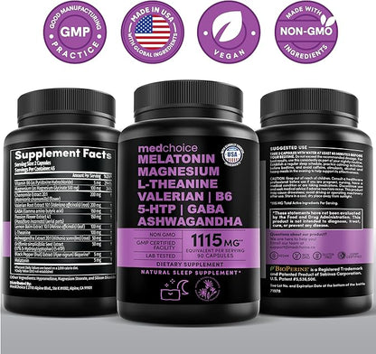 12-in-1 Melatonin Sleep Capsules - Natural Sleep Aids for Adults with Melatonin 5mg and Magnesium Glycinate 500mg, Sleep Aid with Ashwagandha, L Theanine, Valerian Root, GABA, 5-HTP (90ct, Pack of 2)