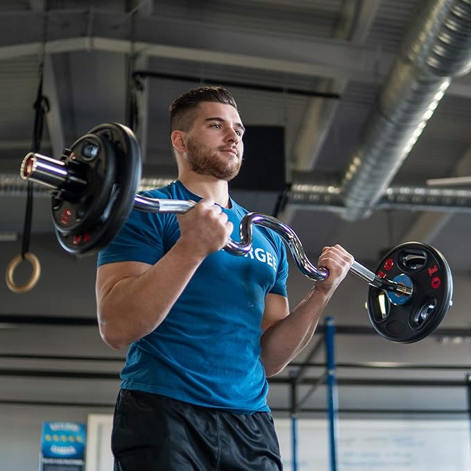 Synergee Commercial Super EZ Curl Olympic Bar Chrome, Black Phosphate and Red with Powder Coated Brass Bushings Excellent for Bicep Curls and Triceps Extensions