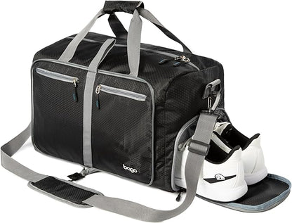 Bago Large Foldable Duffel Bags for Traveling Women & Men - 80L Packable Duffle Bag for Travel with Shoe Compartment - Water Repellant, Heavy Duty, Lightweight Folding & Collapsible (Black)