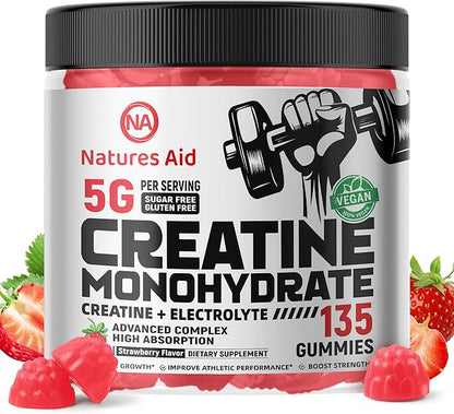 Creatine Monohydrate Gummies (5g) – Pre-Workout Energy & Muscle Growth Support for Men & Women | Strawberry Electrolyte Gummies (135 Count)