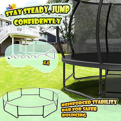 12 14 15 16FT Trampoline Outdoor with Basketball Hoop, Trampoline with Lights for Kids and Adults, Recreational Trampolin with Sprinkler, Stakes