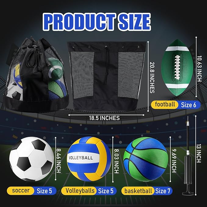 8 Pcs Sports Balls Set Include Basketball Football Soccer Volleyball with 2 Sport Equipment Bags 2 Pumps for Teens Youth Adult Outdoor Operation Christmas Ball Gifts