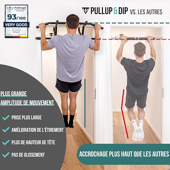 PULLUP & DIP Pull-up bar for door frames for hanging without screws and no slipping, professional door bar, pull-up bar with padded handles