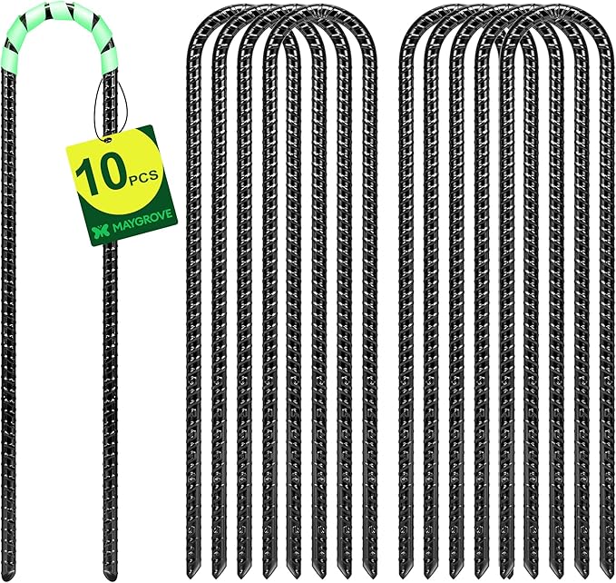 12 Inch Rebar Stakes Heavy Duty 10 Pack, U Shaped Ground Stakes, Galvanized Steel Trampoline Stakes, Tent Anchor Kit Anti-Rust, Drip Hose Wind Stakes, Black