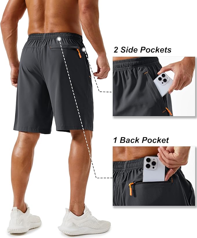 TACVASEN Men's Running Athletic Shorts 9" Quick Dry Workout Gym Shorts Lightweight Summer Shorts 3 Zipper Pockets