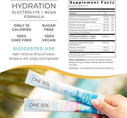 One Sol BCAA & Electrolyte Powder for Hydration & Energy, All-Natural Formula, 100% Vegan, Non-GMO, Gluten Free & Soy-Free, Promotes Muscle Growth & Recovery, Natural Blue Raspberry Flavor