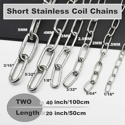 5/32 inch(4mm) Wire Diameter Stainless Steel Safety Chains 20 inch Long Link Rings Light Duty Coil Chain for Hanging Pulling Towing, 5/32"x 20" (2Pcs)