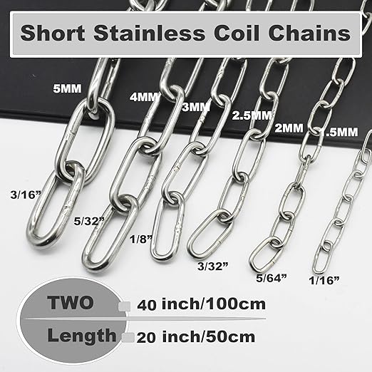 1/8 inch(3mm) Wire Diameter Stainless Steel Safety Chains 20 inch Long Link Rings Light Duty Coil Chain for Hanging Pulling Towing, 1/8"x 20" (2Pcs)