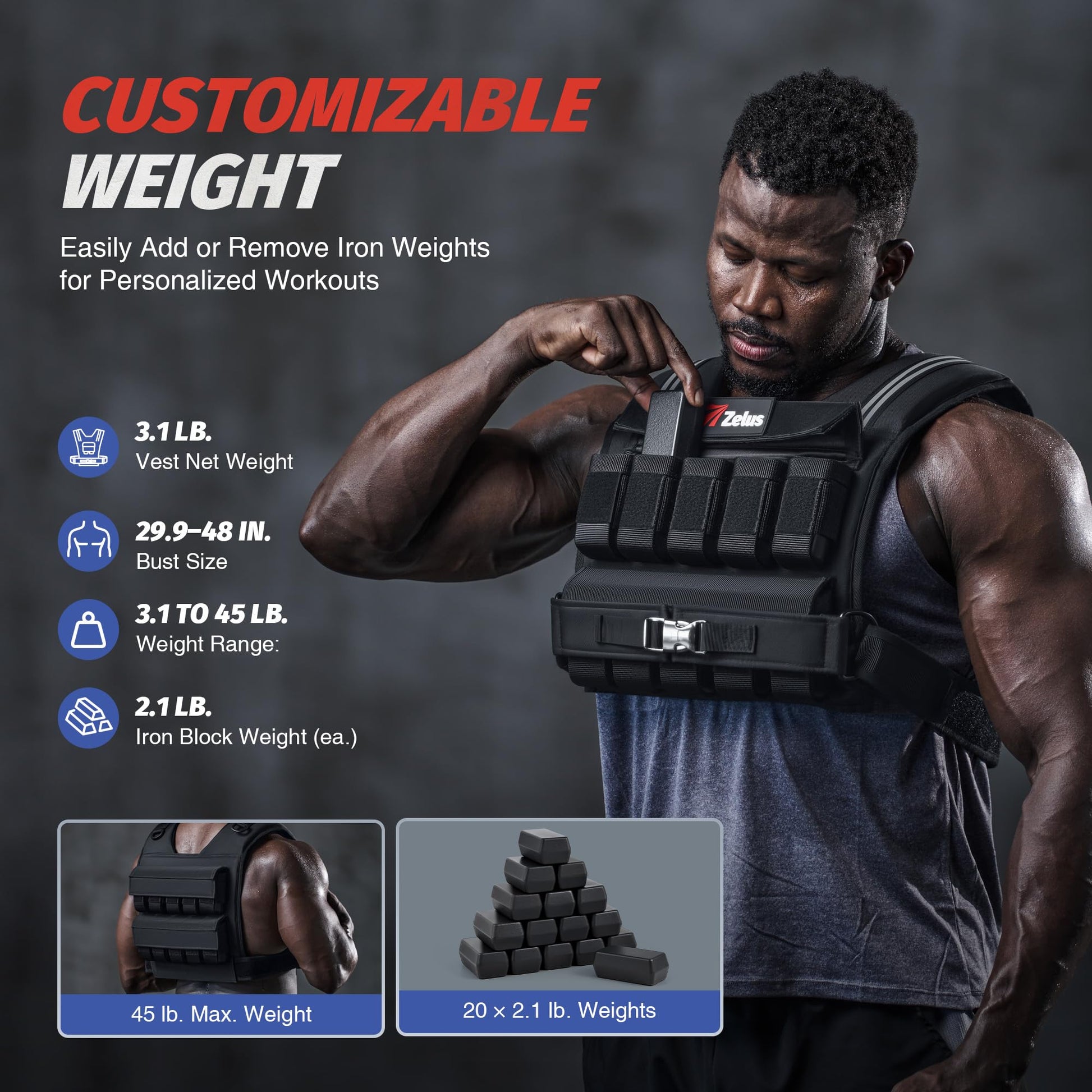 ZELUS Weighted Vest Men, 45lb Adjustable Weight Vest,Removable Iron Weights