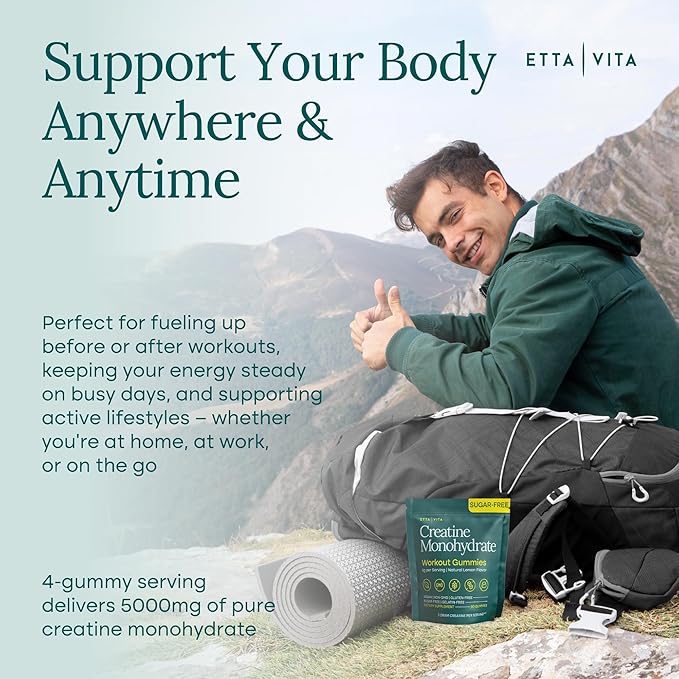 Sugar-Free Creatine Monohydrate Gummies 5gram per Serving, Potent Creatine Gummies for Men & Women, Supplement for Muscle Support, Cellular Energy & Cognitive Function, Gluten-Free