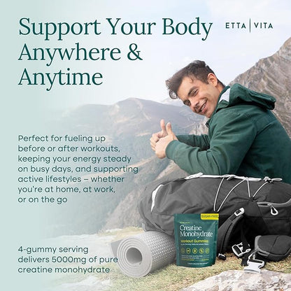 Sugar-Free Creatine Monohydrate Gummies 5gram per Serving, Potent Creatine Gummies for Men & Women, Supplement for Muscle Support, Cellular Energy & Cognitive Function, Gluten-Free