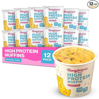 Bootylicious | High-Protein Muffin | 25g Protein, 7g Net Carbs, 2.32-2.75oz Cup, 12-Pack (Birthday Cake)