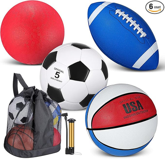 Lenwen 4 Pcs Sports Balls Set, Include Official Size Basketball Soccer Football Playground Ball
