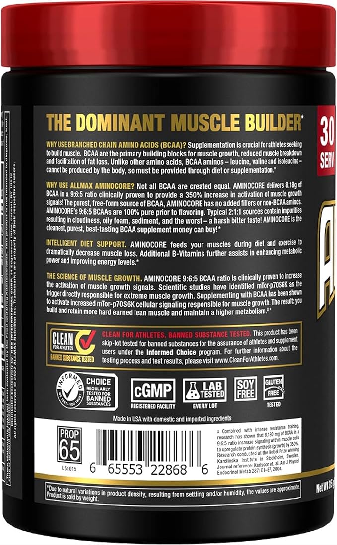 ALLMAX Nutrition AMINOCORE BCAA Powder, 8.18 Grams of Amino Acids, Intra and Post Workout Recovery Drink, Gluten Free, Sweet Tea, 315 g