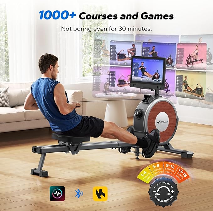 MERACH Rowing Machines for Home, Magnetic Rowing Machine with 16 Levels, Rower Machine of Quiet Resistance, Dual Slide Rail with Max 350lbs Weight Capacity, App Compatible