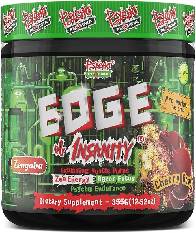 Psycho Pharma Strongest High Stim Preworkout Powder - Edge of Insanity - Most Intense Pre Workout Supplement for Pumps, Strength, Energy and Feel Good Focus. Rivals Famous PWOs of The Past