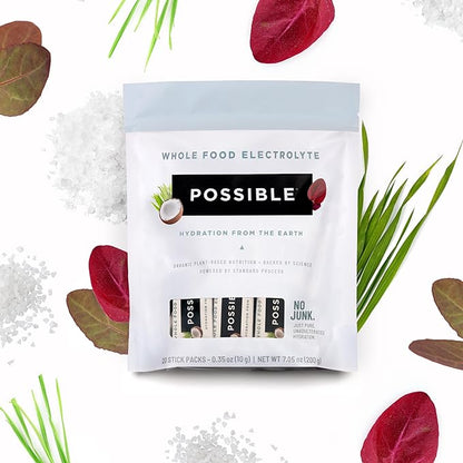 Possible Whole Food Electrolyte - Powder Drink Mix for Pre-Workout, Post-Workout & Everyday Hydration - Vegan, Plant-Based Wellness - Gluten-Free, USDA Organic - Clean Label - 20 Stick Packs