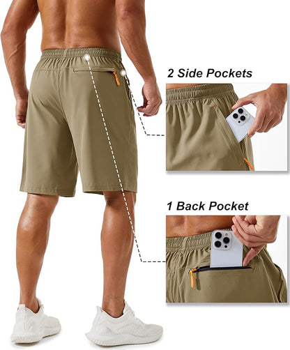 TACVASEN Men's Running Athletic Shorts 9" Quick Dry Workout Gym Shorts Lightweight Summer Shorts 3 Zipper Pockets