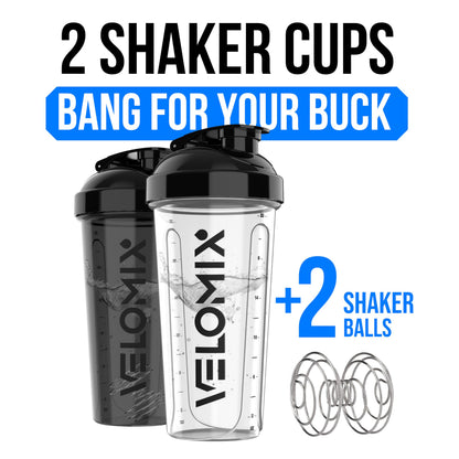 VELOMIX 2 Pack 28oz Protein Shaker Bottle for Protein Mixes, Black/Transpar