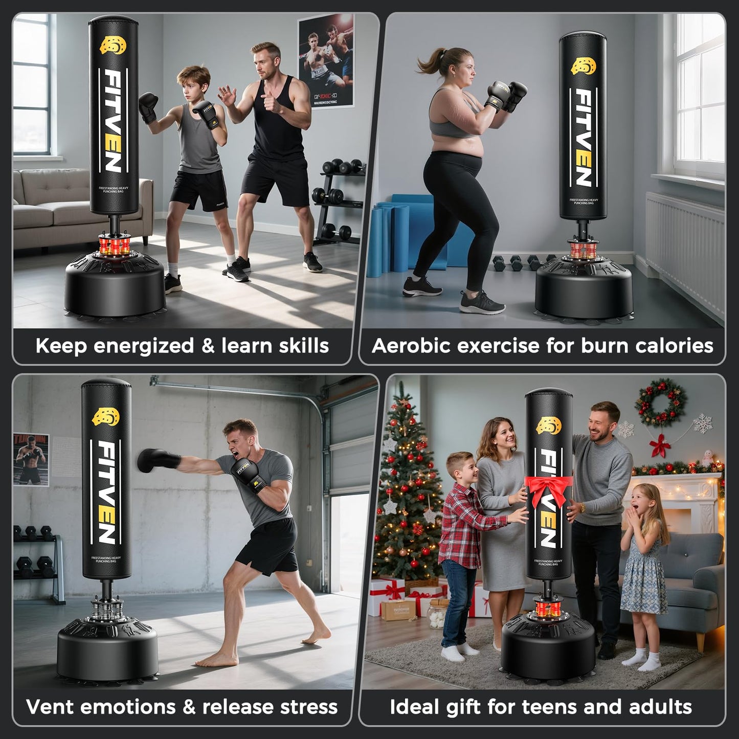 FITVEN Freestanding Punching Bag 70''-190lbs with Boxing Gloves Heavy Boxing Bag with Suction Cup