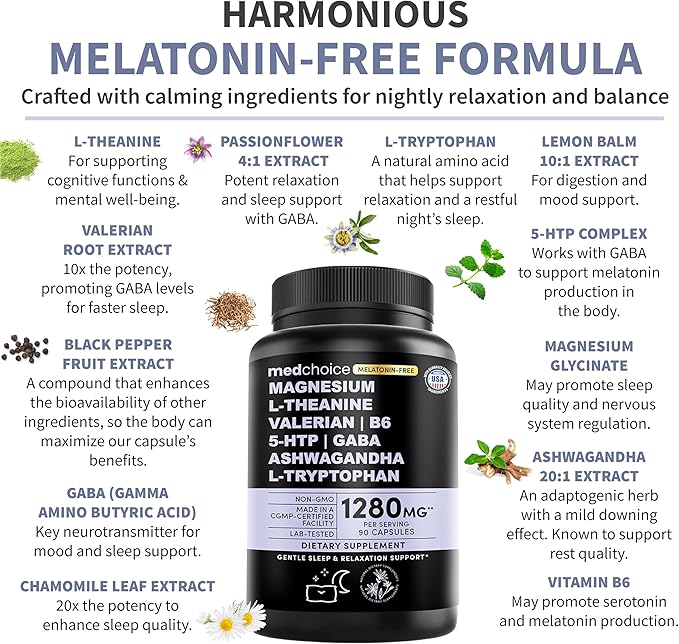 12-in-1 Sleep Support Capsules - Melatonin-Free, Non-Habit Forming Sleep Supplement with a Balanced Blend of Magnesium, Ashwagandha, L-Tryptophan, Valerian Root, GABA, 5-HTP (90 Capsules, Pack of 2)