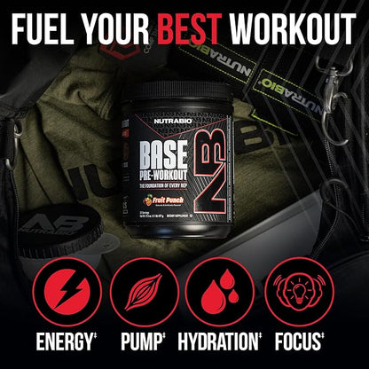 NutraBio Base Pre-Workout Powder 200mg Caffiene, Sustained Energy, Focus, Endurance, Pump, Sugar Free, Clean Preworkout for Men and Women - Beta Alanine, L-Tyrosine, 30 Servings - Fruit Punch
