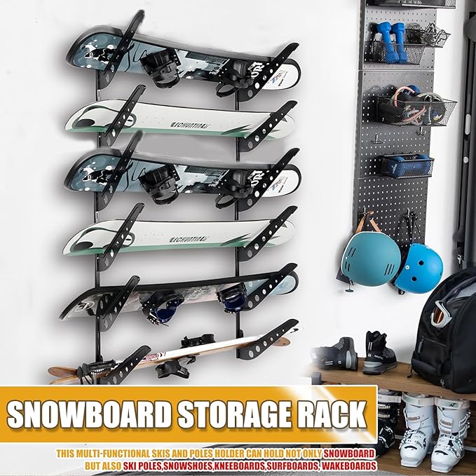 6 Board Snowboard Wall Racks, Adjustable Storage Rack for Ski, Surfboard, Wakeboard, Snowboard Wall Mount Display, Black