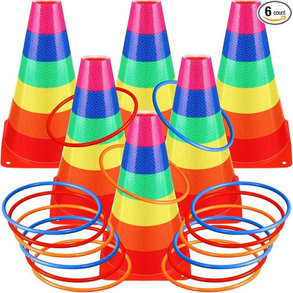 Leitee 6 Sets Candy Corn Ring Toss Game Plastic Cones Ring Toss Combo Set Mini Traffic Cones Toss Game for Sports Training Garden Backyard Outdoor Activities(Colorful,Carnival Game)