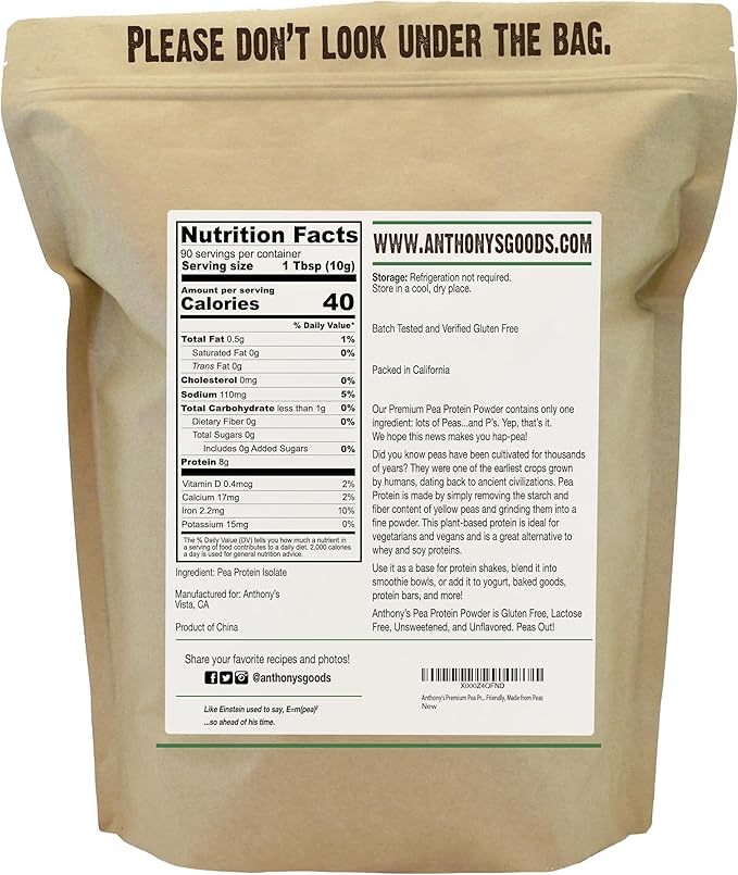 Anthony's Premium Pea Protein, 2 lb, Plant Based, Gluten Free, Unflavored, Vegan, Keto Friendly, Made from Peas