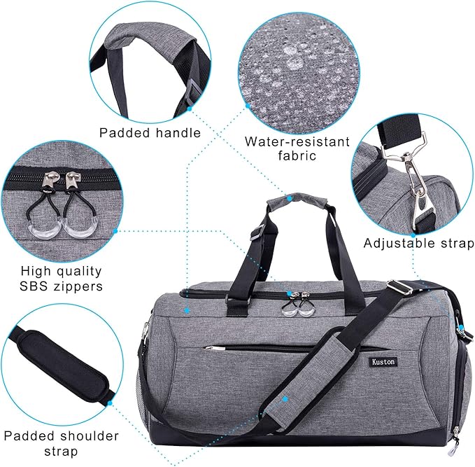 Kuston Sports Gym Bag with Shoes Compartment &Wet Pocket Gym Duffel Bag Overnight Bag for Men and Women