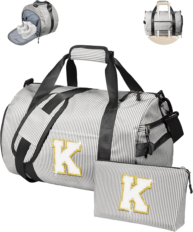 Girls Cheer Up Gifts, Girl Gym Bag, Kids Monogram Overnight Duffel Bags with Shoe Compartment, Personalized Travel Bag with Makeup Pouch, Dance Gift for Niece Sister Daughter (Letter K)