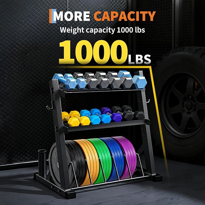 3 Tier Barbell Storage Racks,1000 LBS Capacity Adjustable Weight Rack for Dumbbell, Kettlebell, Barbell Bar(Q235 Carbon Steel)