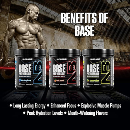 NutraBio Base Pre-Workout Powder 200mg Caffiene, Sustained Energy, Focus, Endurance, Pump, Sugar Free, Clean Preworkout for Men and Women - Beta Alanine, L-Tyrosine, 30 Servings - Fruit Punch