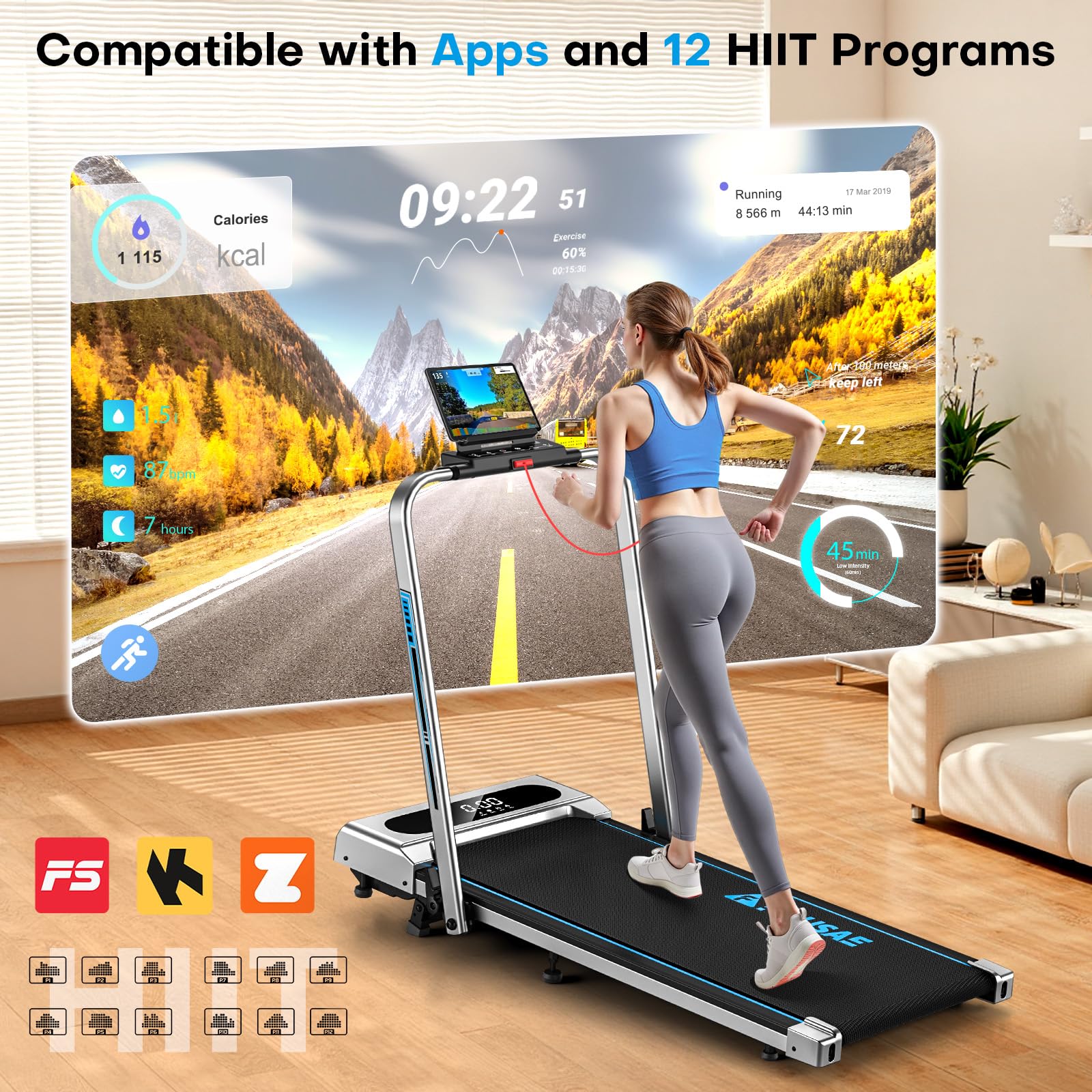 FOUSAE 5 in 1 Foldable Treadmill, 7.5 MPH Treadmills for Home with App Compatible, Treadmill with