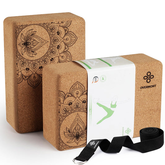 Overmont Cork Yoga Blocks 2 pack with 8ft Strap Natural Cork Bricks