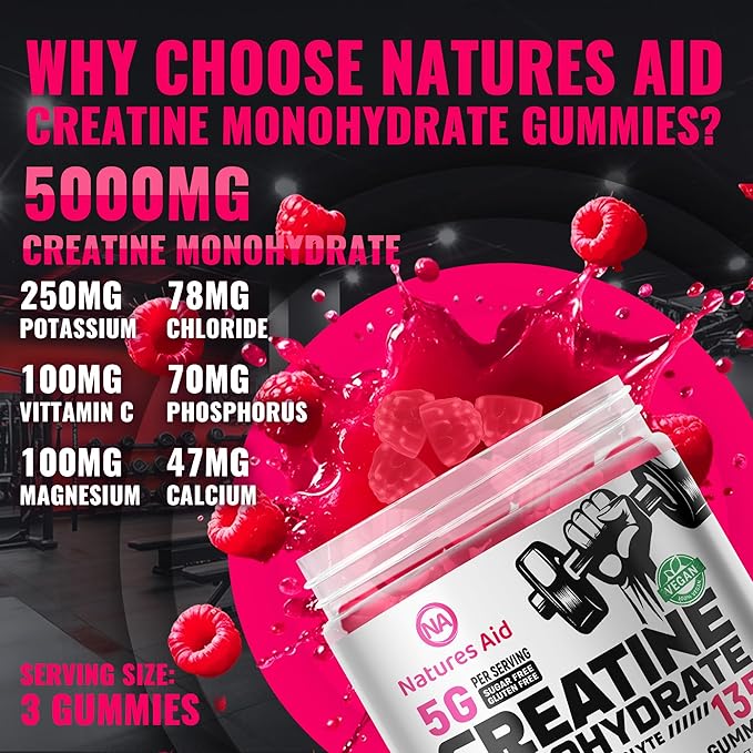 Creatine Monohydrate Gummies (5g) – Pre-Workout Energy & Muscle Growth Support for Men & Women | Raspberry Electrolyte Gummies (135 Count)