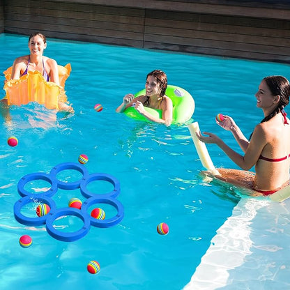 Hiboom Pool Game with Score, Combo Foam Pool Floats with 10 Colorful Tossing Balls, Toss Game Swimming Party Toys Accessories for Family Par, Dive Rings (Round,Blue)