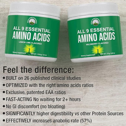 All 9 Essential Amino Acids Powder with 26 Clinical Studies. EAAs 32X Effective vs BCAA/BCAAS Branched Chain Aminos. Pre or Post Workout EAA Supplement. Perfect for Energy, Muscle Growth. Wildberry